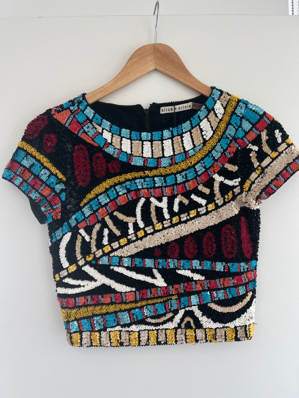 Alice + Olivia Black Cropped Beaded Top with Turquoise, Red & Cream Accents